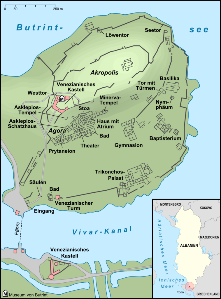 Butrint in Albanien: Karte und Lageplan der antiken Unesco-Welterbestätte.